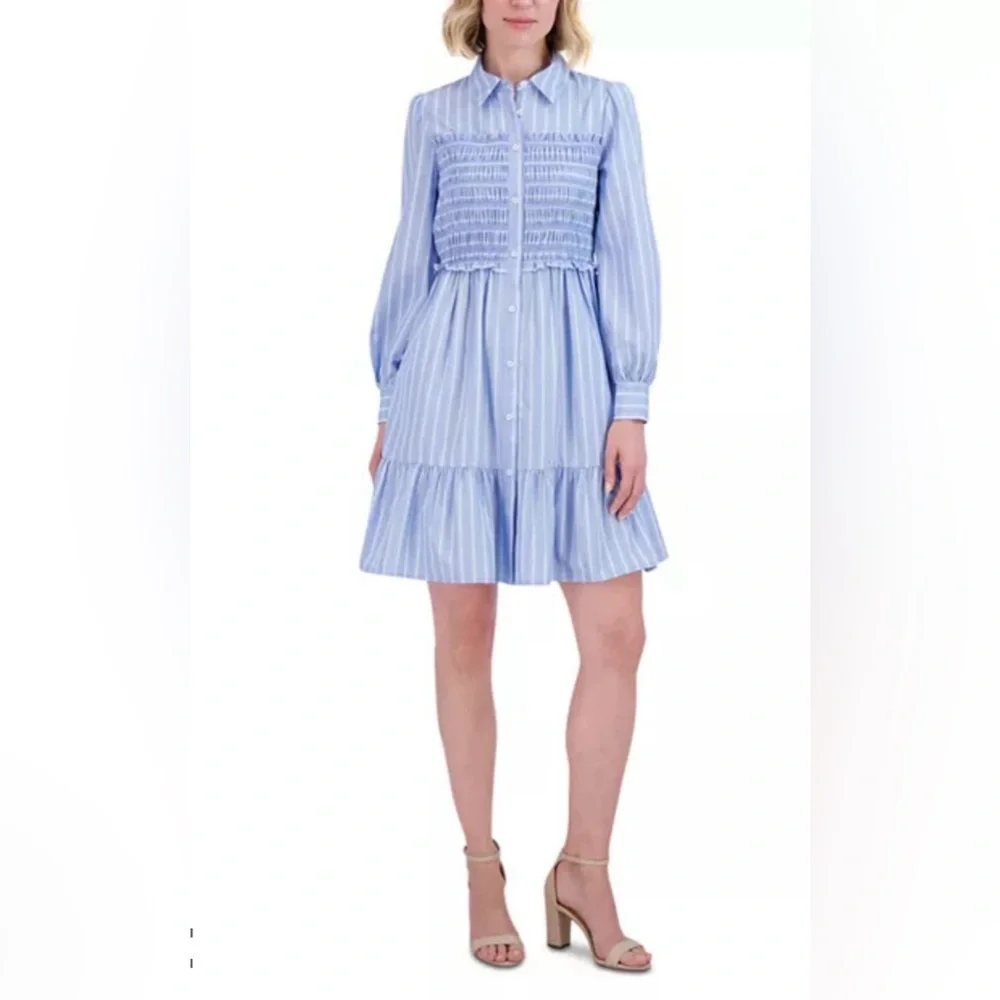 Eliza J Light Blue Striped Long Sleeve Dress Size 6 NWT - Picture 1 of 9